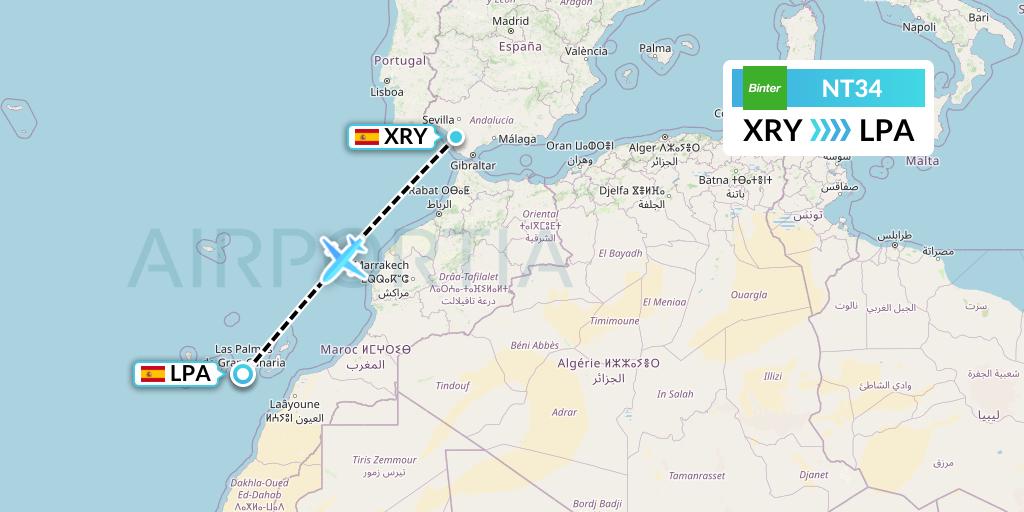 NT34 Binter Canarias Flight Map: Jerez to Las Palmas