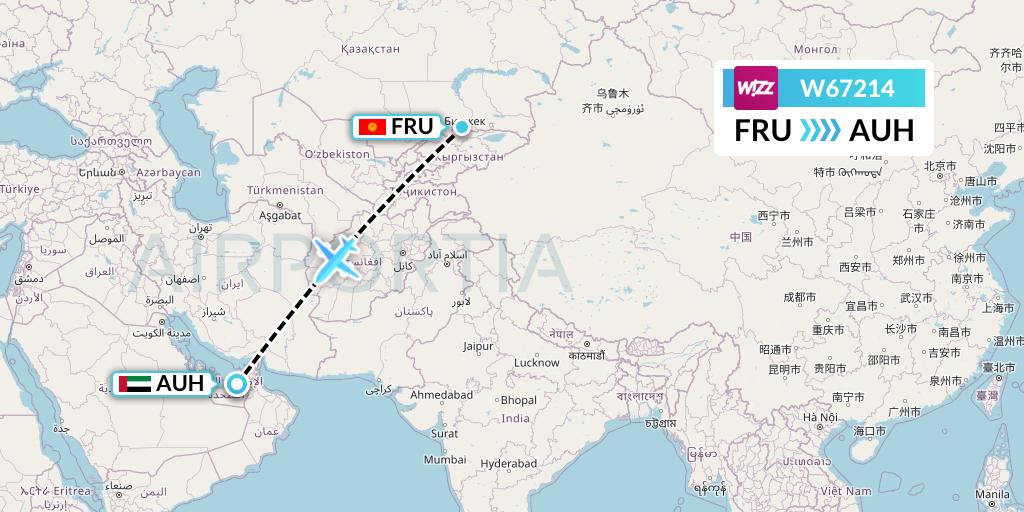W67214 Wizz Air Flight Map: Bishkek to Abu Dhabi