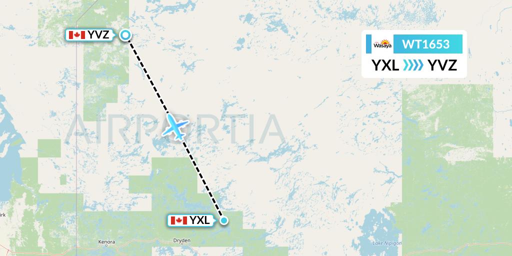 WT1653 Swiftair Flight Map: Sioux Lookout to Deer Lake