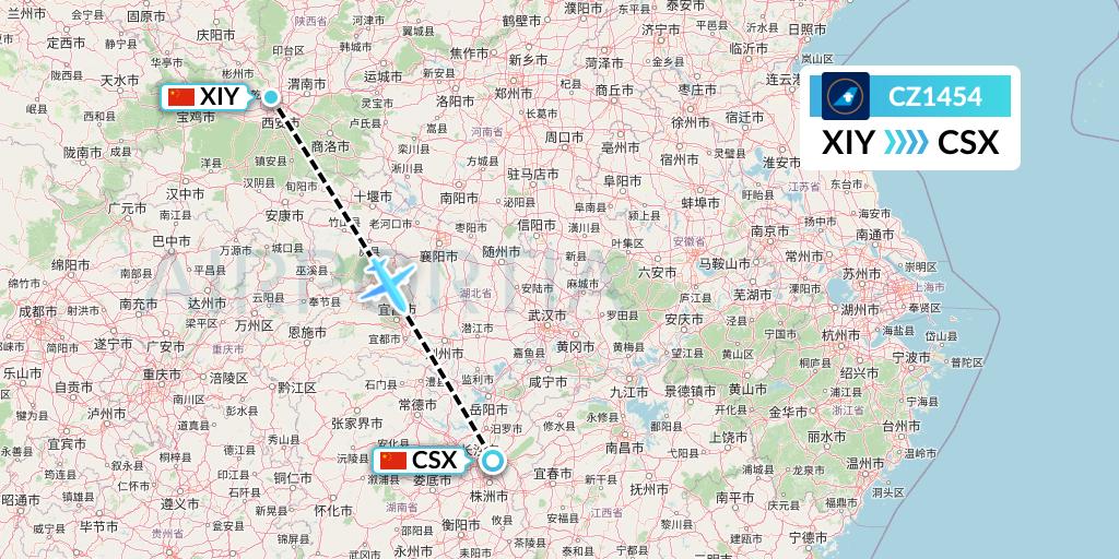 CZ1454 China Southern Airlines Flight Map: Xi'an to Changsha