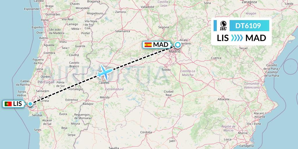 DT6109 TAAG Angola Airlines Flight Map: Lisbon to Madrid