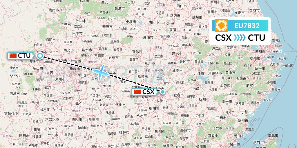 EU7832 Chengdu Airlines Flight Map: Changsha to Chengdu