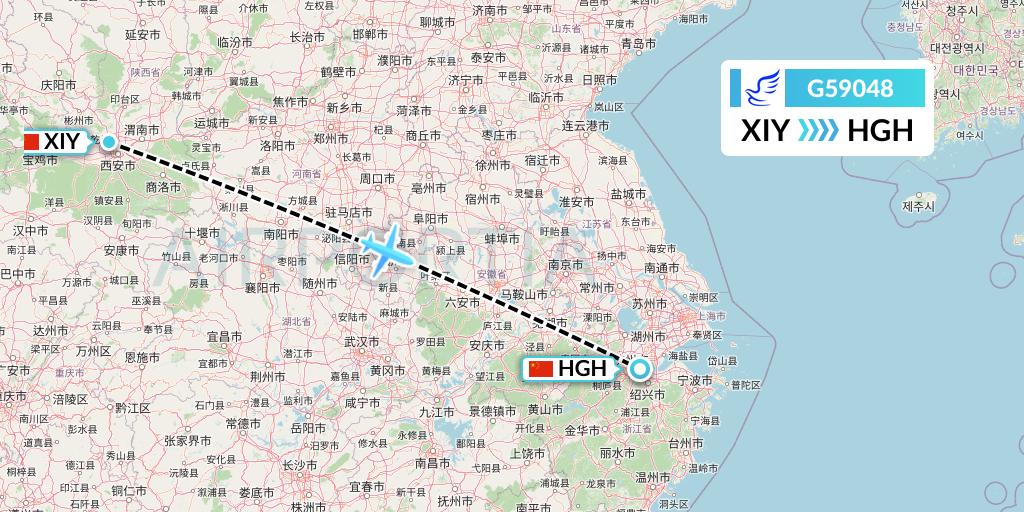 G59048 China Express Airlines Flight Map: Xi'an to Hangzhou