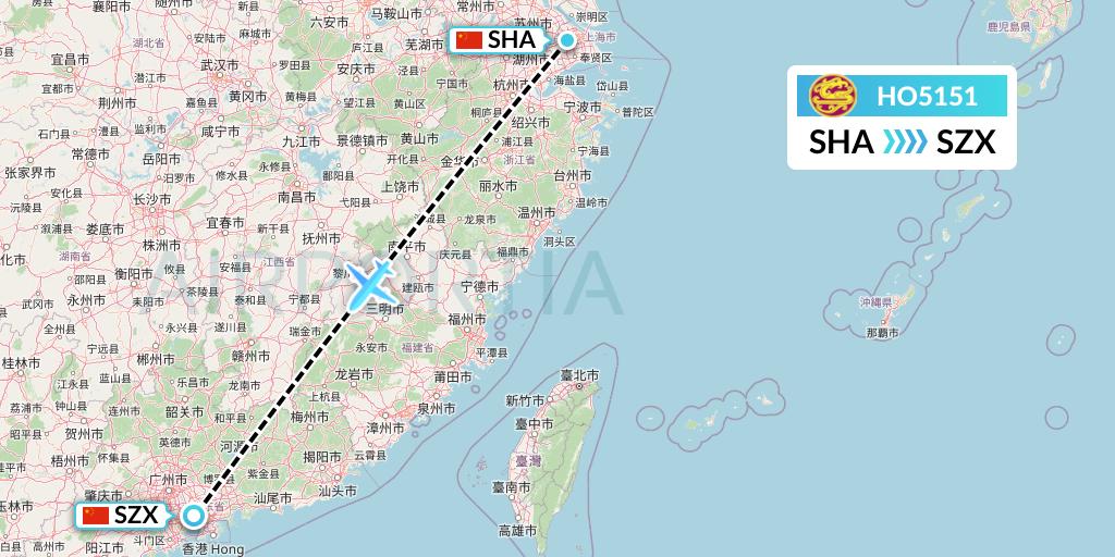 HO5151 Juneyao Airlines Flight Map: Shanghai to Shenzhen
