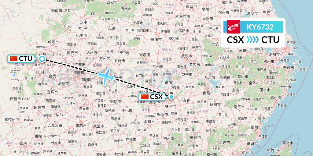 KY6732 Kunming Airlines Flight Map: Changsha to Chengdu