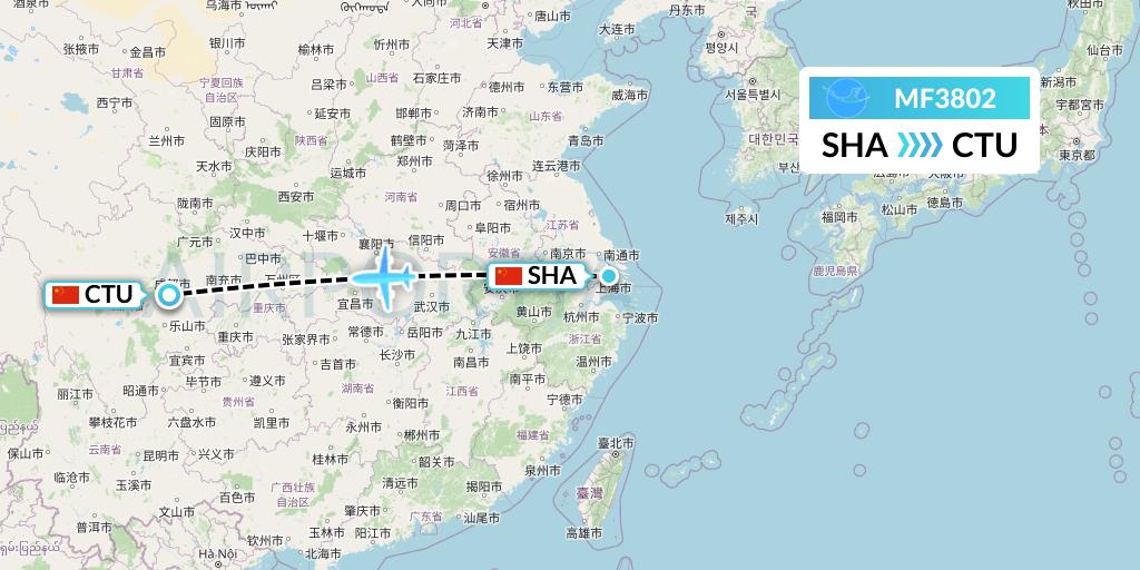 MF3802 Xiamen Airlines Flight Map: Shanghai to Chengdu