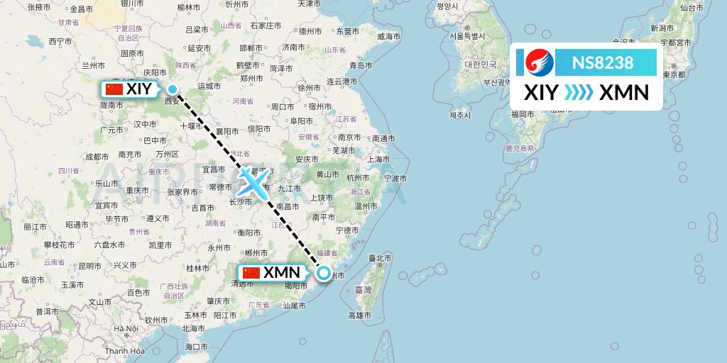 NS8238 Hebei Airlines Flight Map: Xi'an to Xiamen