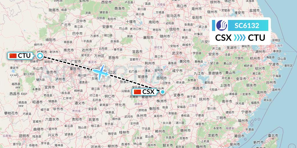 SC6132 Shandong Airlines Flight Map: Changsha to Chengdu