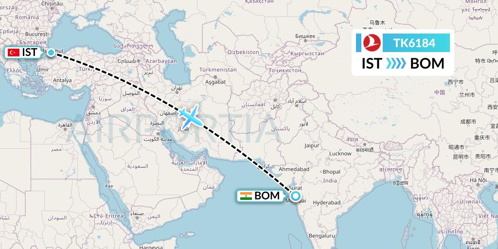 TK6184 Turkish Airlines Flight Map: Istanbul to Mumbai