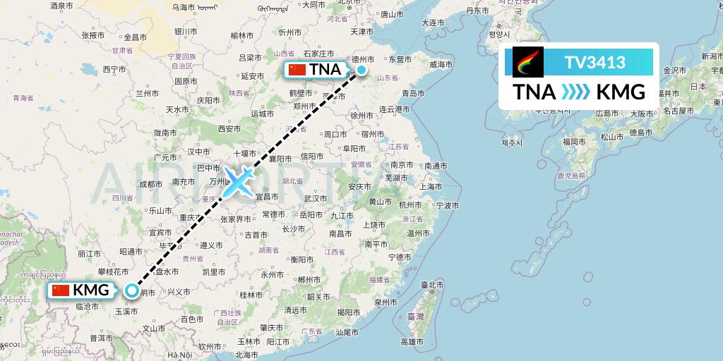 TV3413 Tibet Airlines Flight Map: Jinan to Kunming