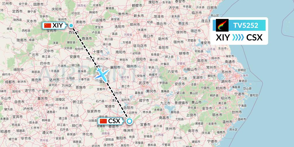 TV5252 Tibet Airlines Flight Map: Xi'an to Changsha