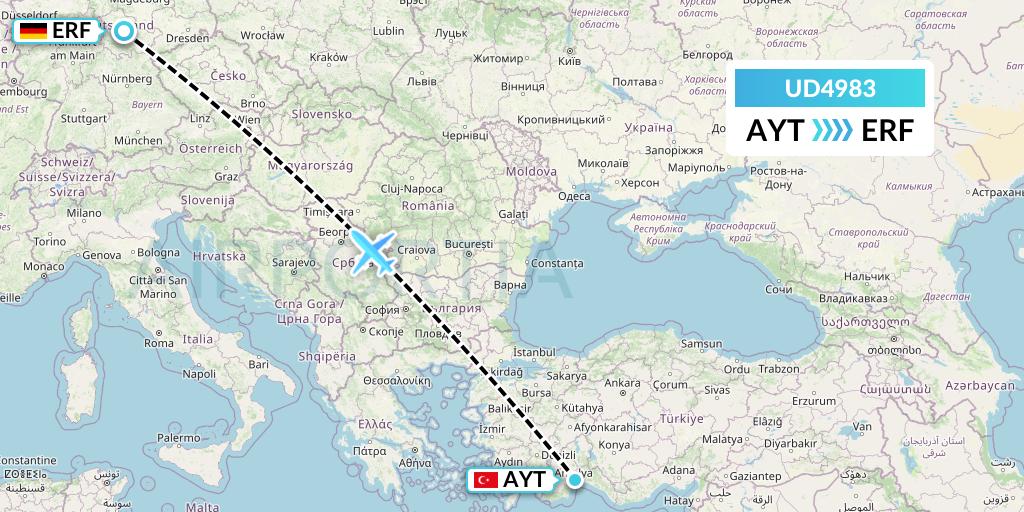 UD4983 UR Airlines Flight Map: Antalya to Erfurt
