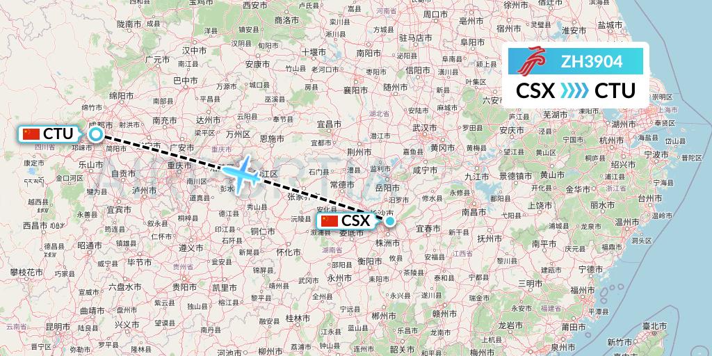 ZH3904 Shenzhen Airlines Flight Map: Changsha to Chengdu