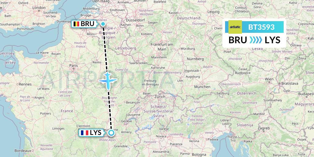 BT3593 Air Baltic Flight Map: Brussels to Lyon