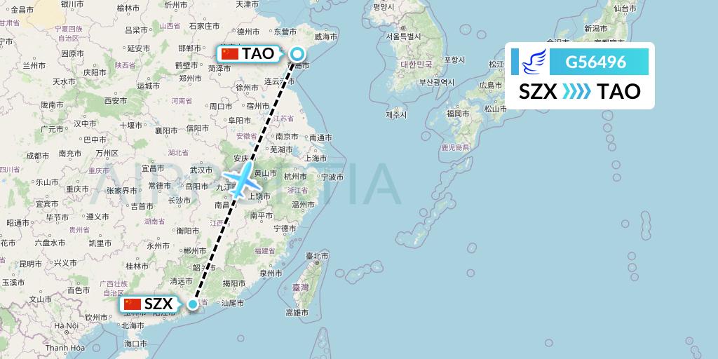 G56496 China Express Airlines Flight Map: Shenzhen to Qingdao