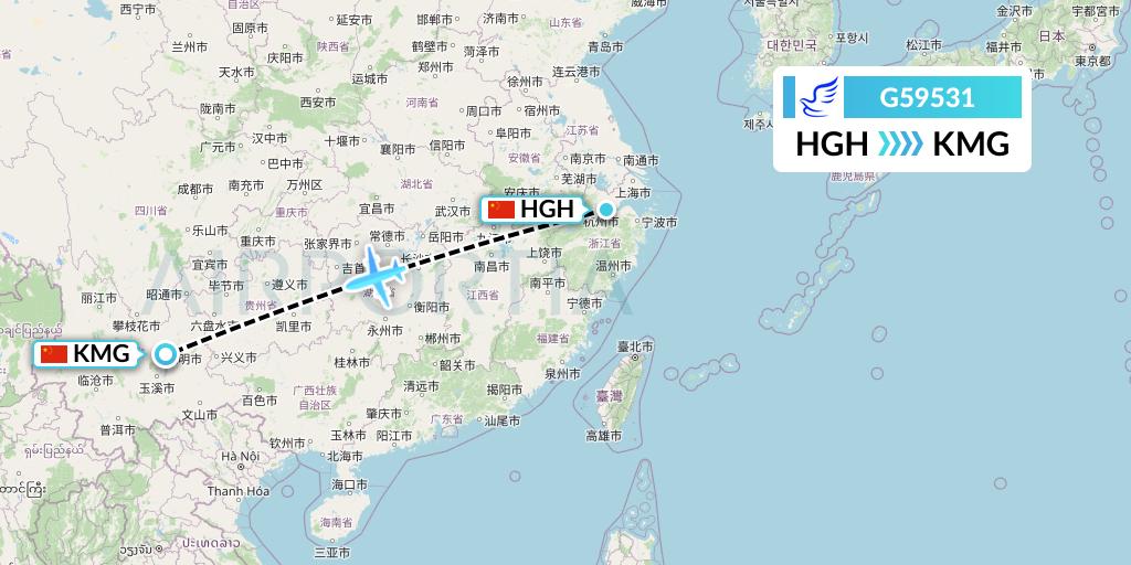 G59531 China Express Airlines Flight Map: Hangzhou to Kunming