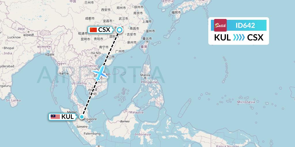 ID642 Batik Air Flight Map: Kuala Lumpur to Changsha