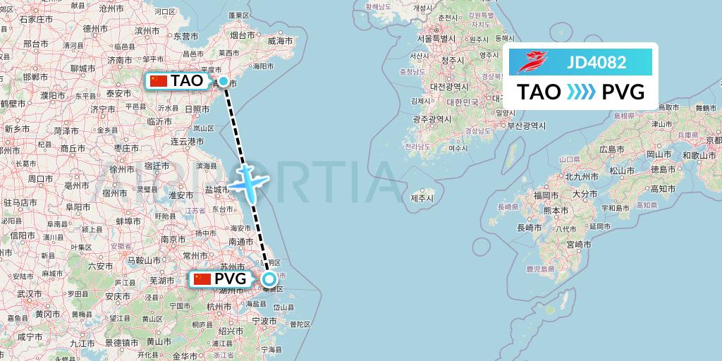 JD4082 Capital Airlines Flight Map: Qingdao to Shanghai