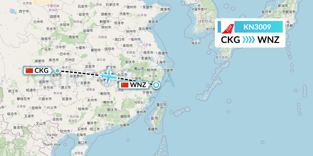 KN3009 China United Airlines Flight Map: Chongqing to Wenzhou