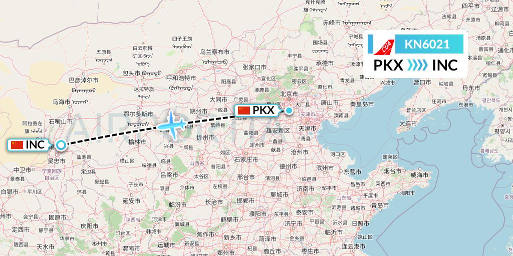 KN6021 China United Airlines Flight Map: Beijing to Yinchuan
