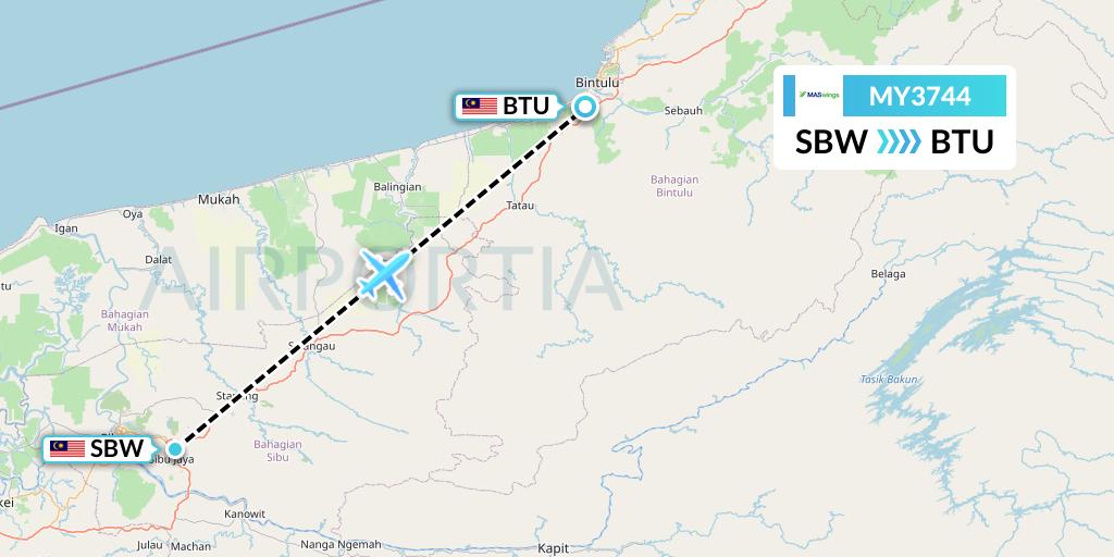 MY3744 MASwings Flight Map: Sibu to Bintulu