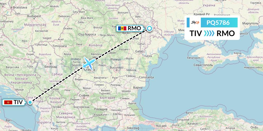 PQ5786 SkyUp Airlines Flight Map: Tivat to Chisinau