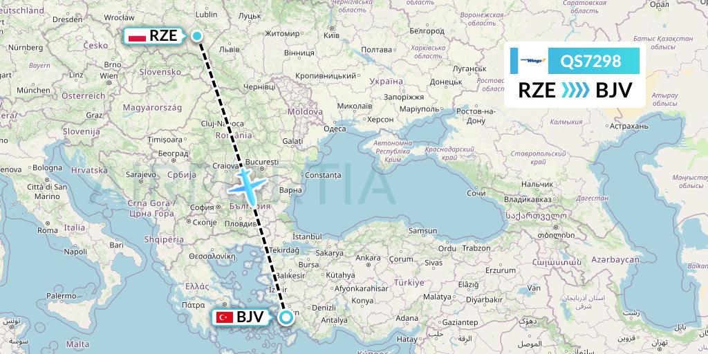 QS7298 Smartwings Flight Map: Rzeszow to Bodrum