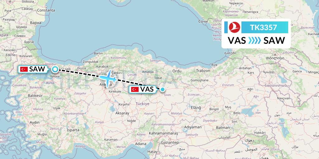 TK3357 Turkish Airlines Flight Map: Sivas to Istanbul