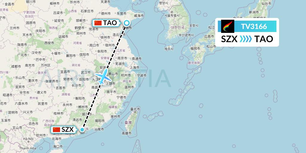 TV3166 Tibet Airlines Flight Map: Shenzhen to Qingdao