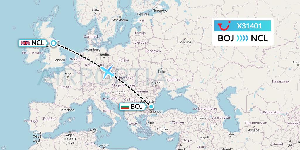 X31401 TUI fly Germany Flight Map: Burgas to Newcastle