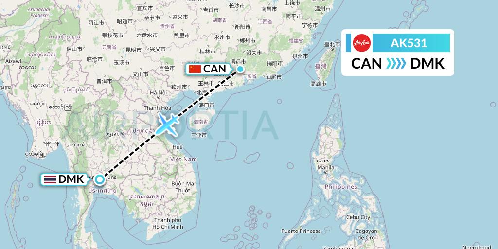 AK531 AirAsia Flight Map: Guangzhou to Bangkok