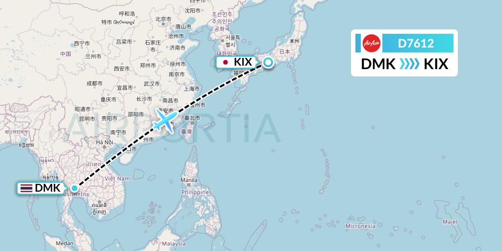 D7612 AirAsia X Flight Map: Bangkok to Osaka