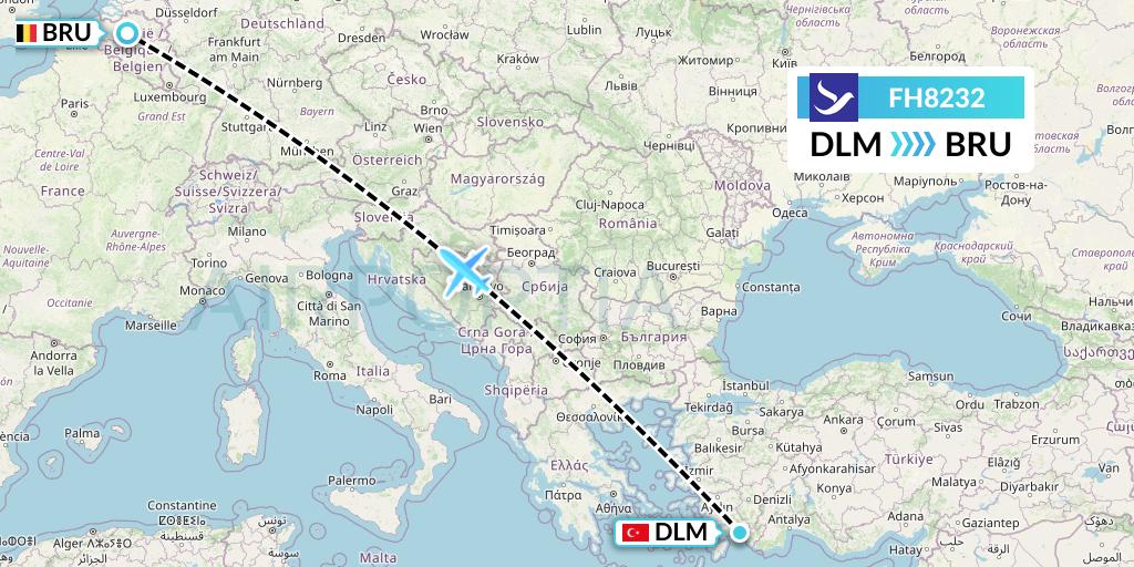 FH8232 Freebird Airlines Flight Map: Dalaman to Brussels