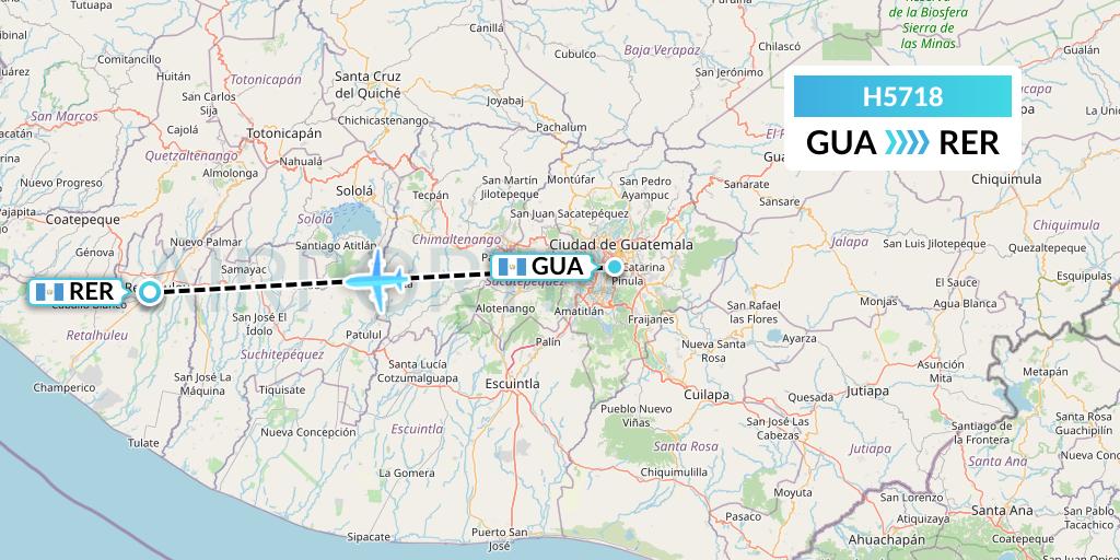 H5718 MAVIAL - Magadan Airlines Flight Map: Guatemala City to Retalhuleu