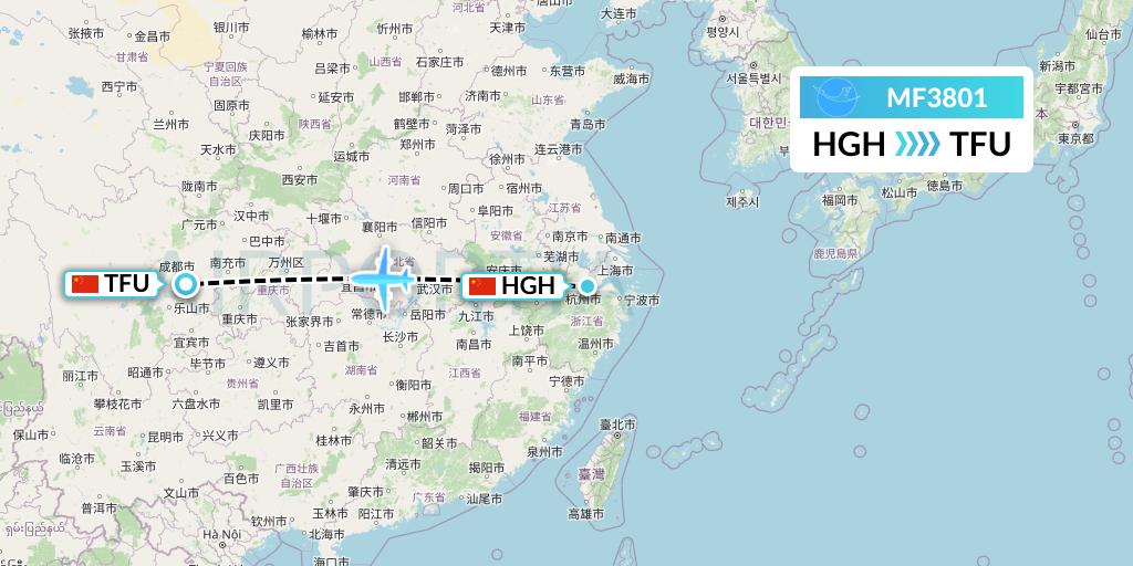 MF3801 Xiamen Airlines Flight Map: Hangzhou to Chengdu
