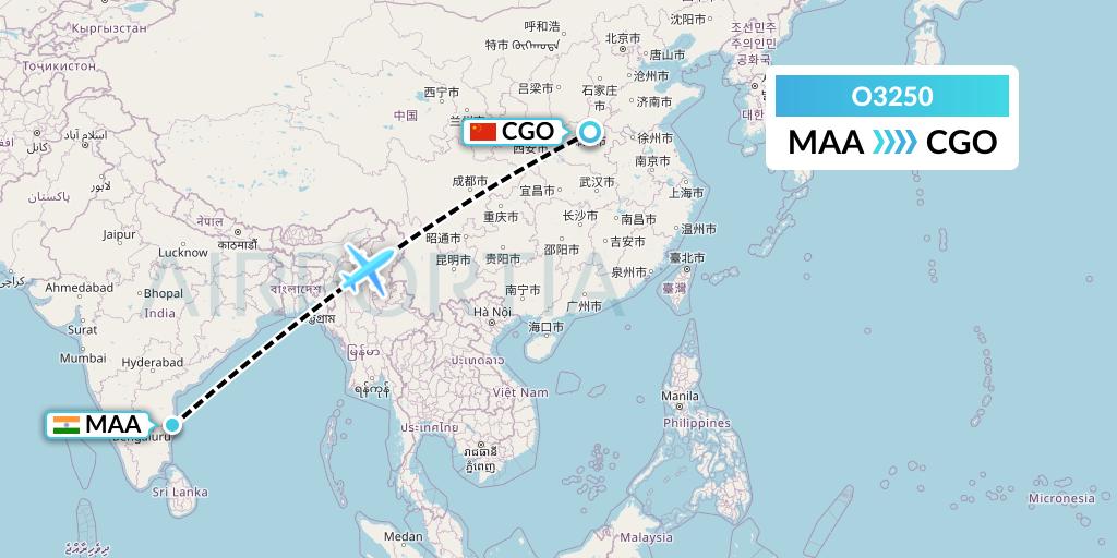 O3250 SF Airlines Flight Map: Chennai to Zhengzhou