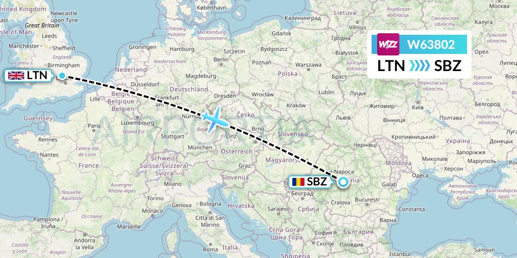 W63802 Wizz Air Flight Map: London to Sibiu