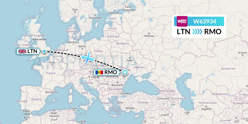 W63934 Wizz Air Flight Map: London to Chisinau