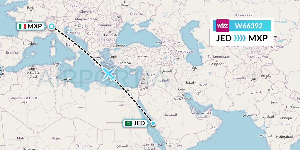W66392 Wizz Air Flight Map: Jeddah to Milan