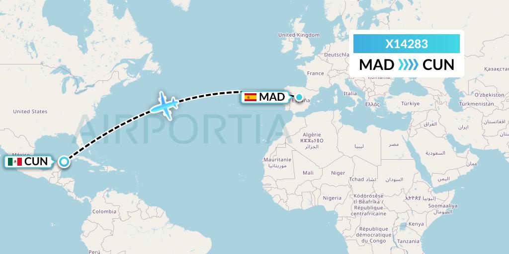 X14283 Nik Airways Flight Map: Madrid to Cancun