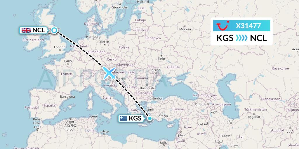 X31477 TUI fly Germany Flight Map: Kos to Newcastle