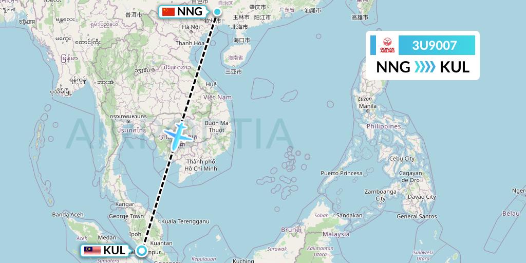 3U9007 Sichuan Airlines Flight Map: Nanning to Kuala Lumpur