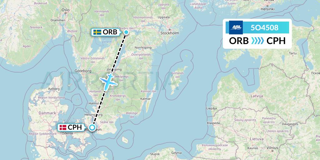 5O4508 ASL Airlines France Flight Map: Orebro to Copenhagen