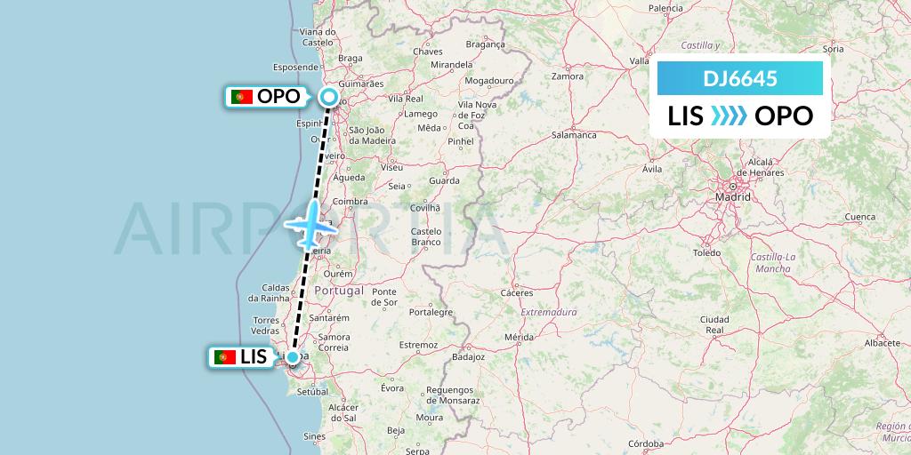 DJ6645 Air Djibouti Flight Map: Lisbon to Porto