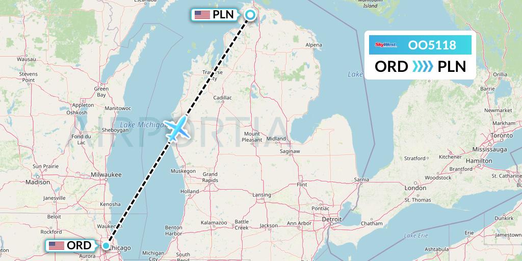 OO5118 SkyWest Airlines Flight Map: Chicago to Pellston