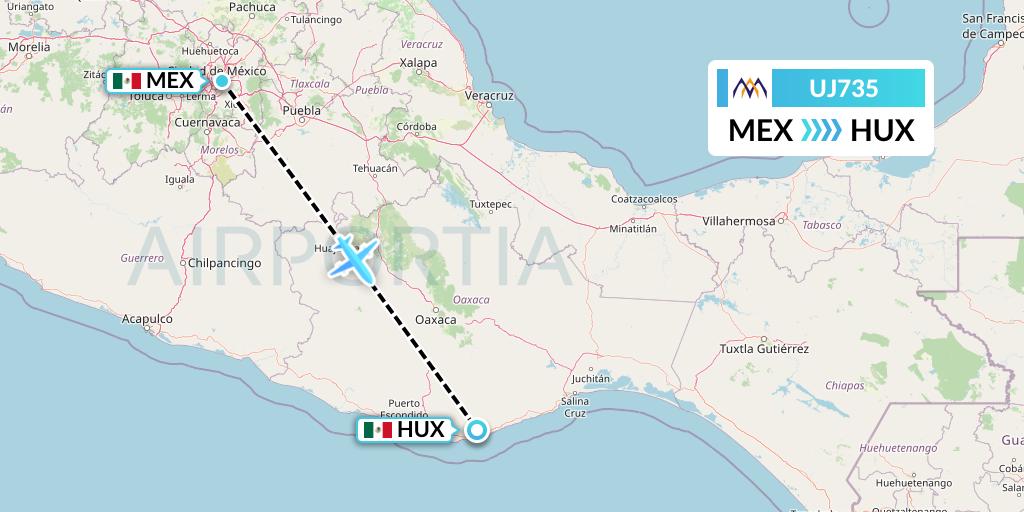 UJ735 AlMasria Universal Airlines Flight Map: Mexico City to Huatulco