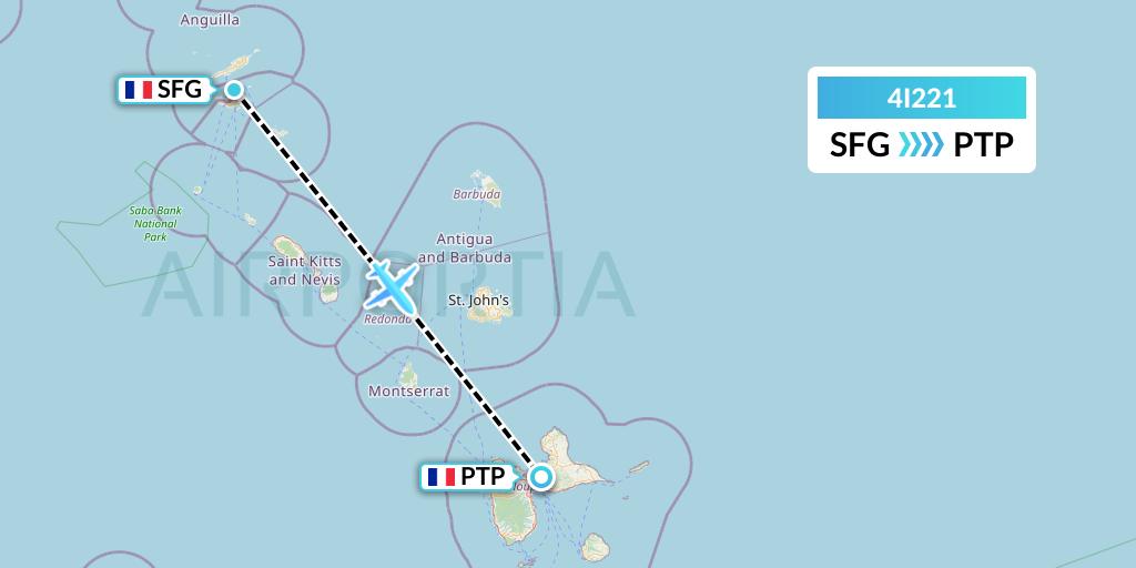 4I221 Izair Flight Map: Sint Maarten to Pointe-a-Pitre