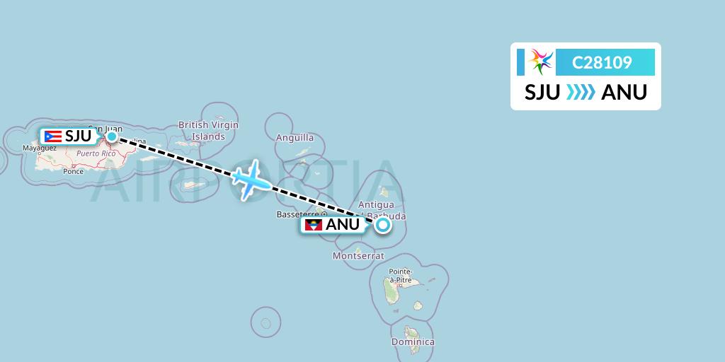 C28109 Ceiba Intercontinental Flight Map: San Juan to Antigua