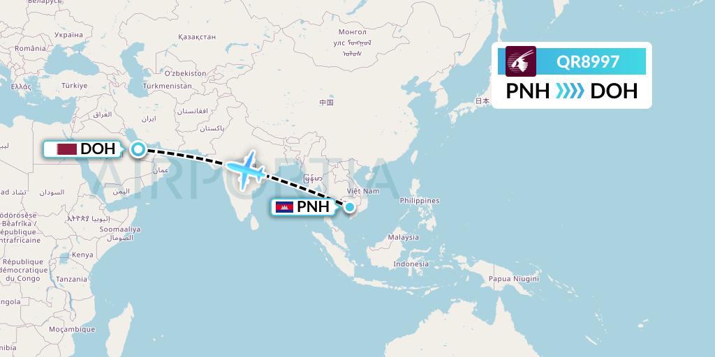 QR8997 Qatar Airways Flight Map: Phnom Penh to Doha