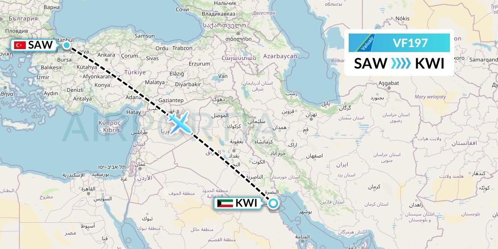 VF197 ValuAir Flight Map: Istanbul to Kuwait City